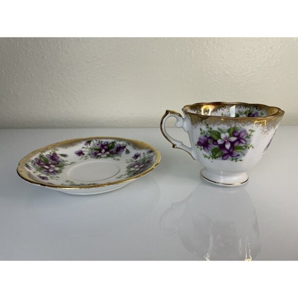 Old Gold Japan Handpainted Gold Edge Purple Floral Teacup & Saucer Made in Japan - Picture 4 of 12